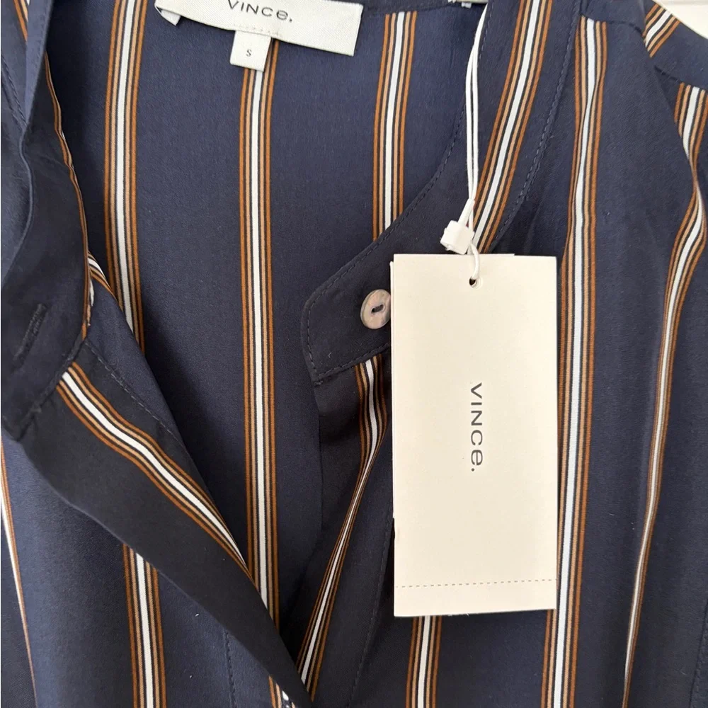 Vince Navy and Beige Striped Long Sleeve Dress - Picture 2 of 4